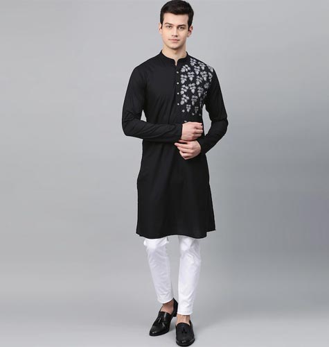Men Black & White Embroidered Straight Kurta